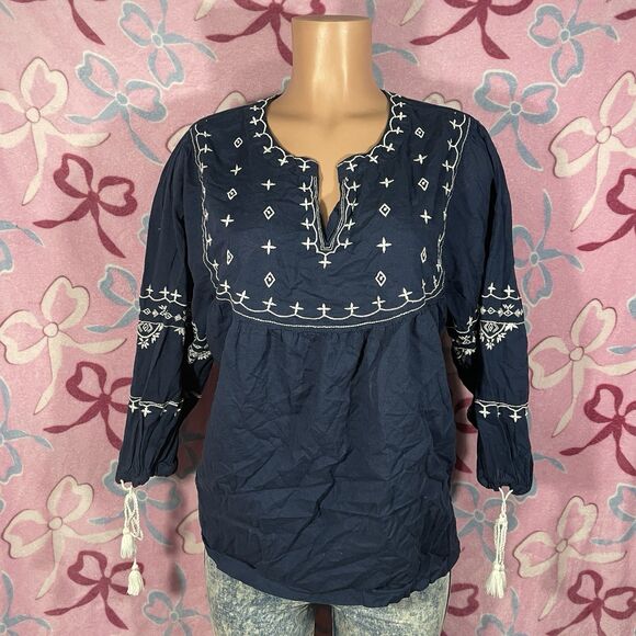 Time & Tru Navy Blue & white Floral Boho Peasant Blouse Size XXL - Picture 1 of 7